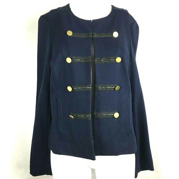 Chicos‎ Blazer Jacket Womens Sz 1 M 8 Blue Green Gold Military Style Academia - Picture 1 of 8